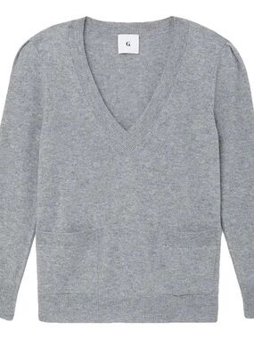 G by Goop Cashmere Sweater Gray V-Neck Pockets Size Medium Quiet Luxury FLAW